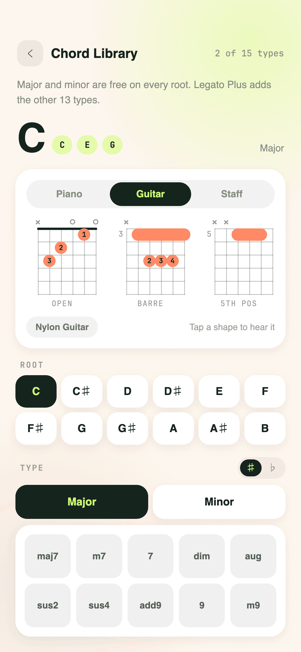 Chord library showing guitar shapes and piano voicings