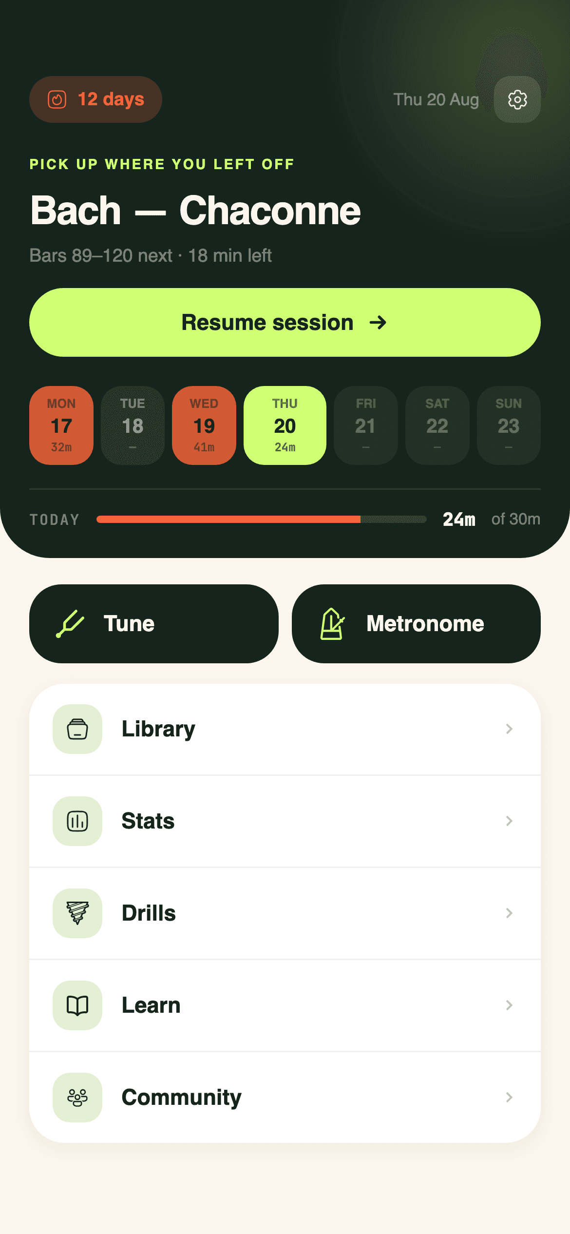 Legato dashboard with streak, week overview and daily goal