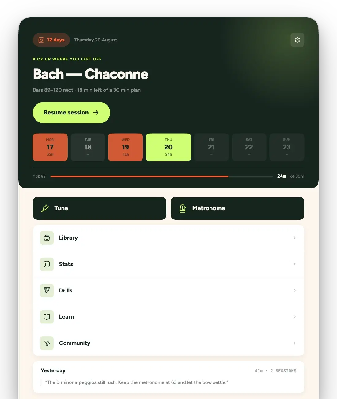 Legato practice journal on tablet: Reusable routines with time targets; Pieces, technique and your own activities; Daily goals, streaks and holiday mode