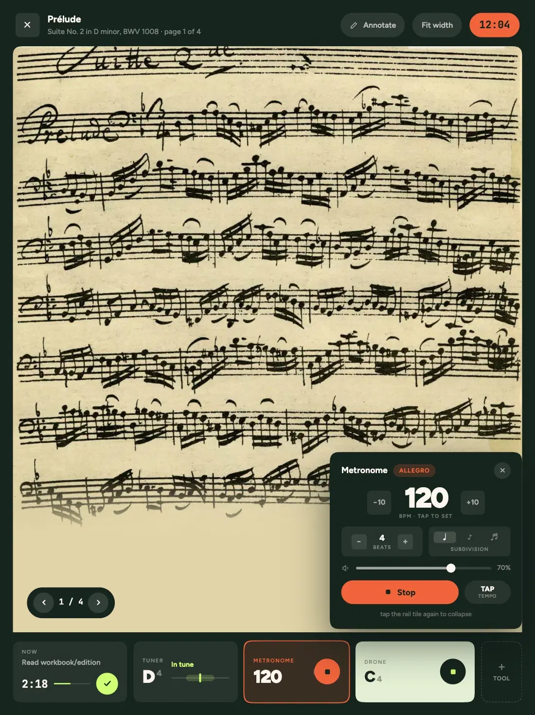 Legato on tablet: annotated Bach sheet music with a running session, metronome, tuner and drone
