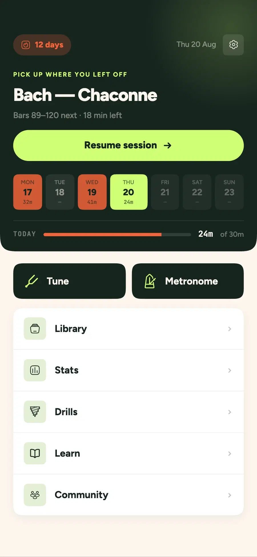 Legato practice journal: resume a Bach session, see your streak and track your daily goal